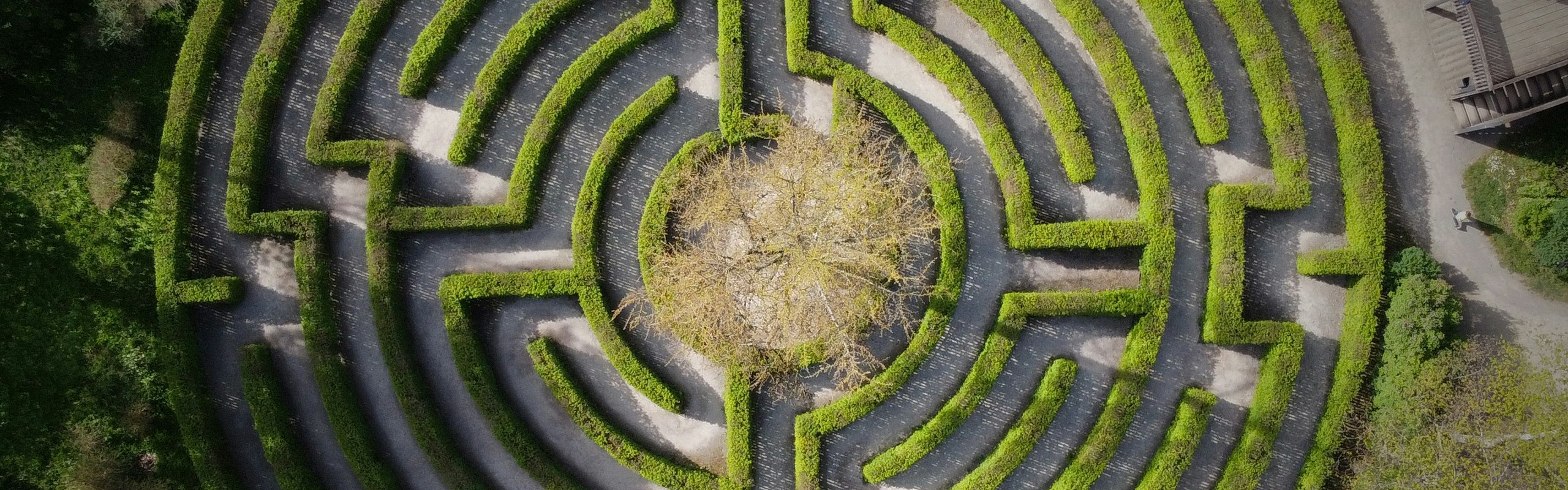 An aerial view of a hedge labyrinth